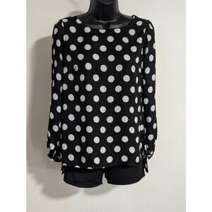 Ann Taylor Black White Polka Dot Top Balloon Long Sleeve Blouse XSmall Petite